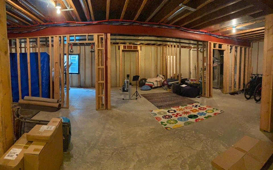 Interior view with connected lounge and dining spaces.
